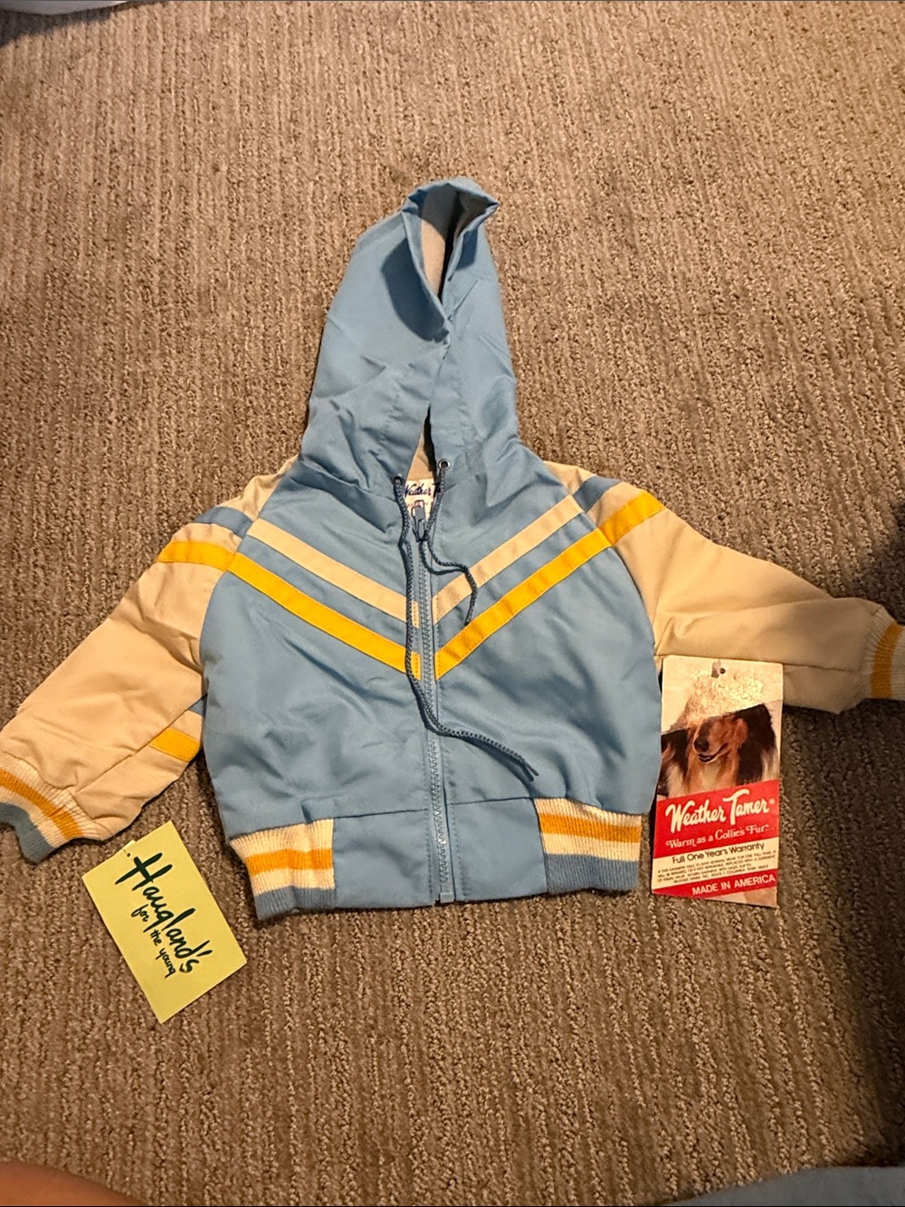 Vintage Light Blue & Yellow Kids Hooded Jacket